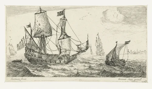 Klein zeilschip en een Pinas by anonymous, print, 1650-1738