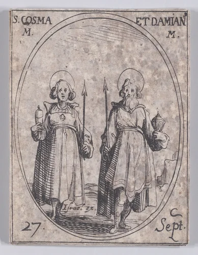 S. Cosme et S. Damien, martyrs (St. Cosmas and St. Damian, Martyrs), September 27th, from "Les Images De Tous Les Saincts et Saintes de L'Année" (Images of All of the Saints and Religious Events of the Year) by Jacques Callot, print, 1636