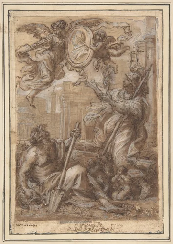 Rome and the Tiber Paying Homage to a Pope (Clement XI ?) by Carlo Maratti, drawing, 1625-1713