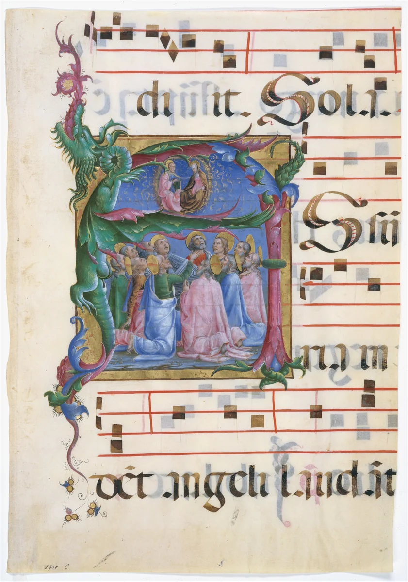 Manuscript Illumination with the Assumption of the Virgin in an Initial A, from an Antiphonary by Cosmè Tura, manuscript, 1450-1460