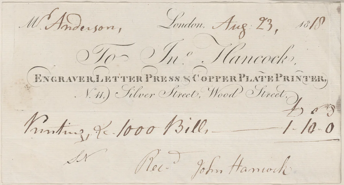 Trade Card for John Hancock, Engraver and Printer by anonymous, print, 1800-1900