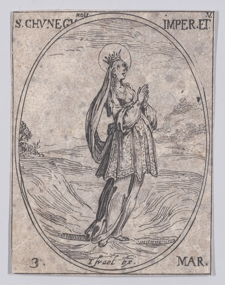 Ste. Cunégonde, impératrice et vierge (St. Cunegund, Empress and Virgin), March 3rd, from "Les Images De Tous Les Saincts et Saintes de L'Année" (Images of All of the Saints and Religious Events of the Year) by Jacques Callot, print, 1636