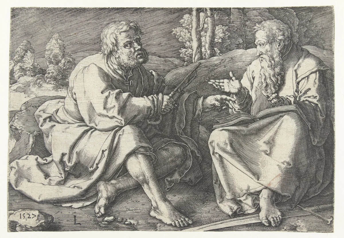 Petrus en Paulus zittend in een landschap by Unknown, print, 1527