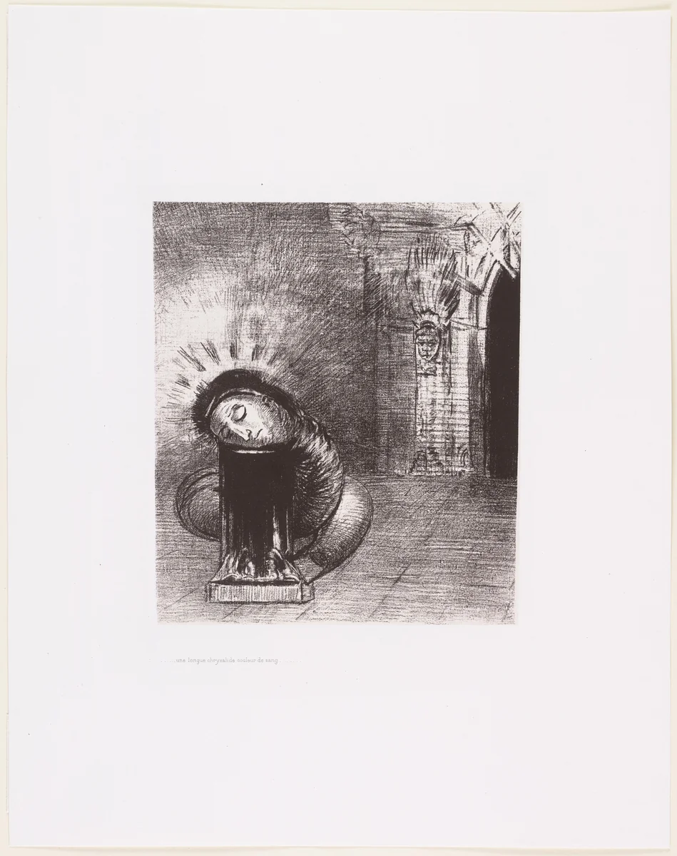 . . . A Long Chrysalis, the Color of Blood (. . . une longue chrysalide couleur de sang) by Odilon Redon, print, 1889