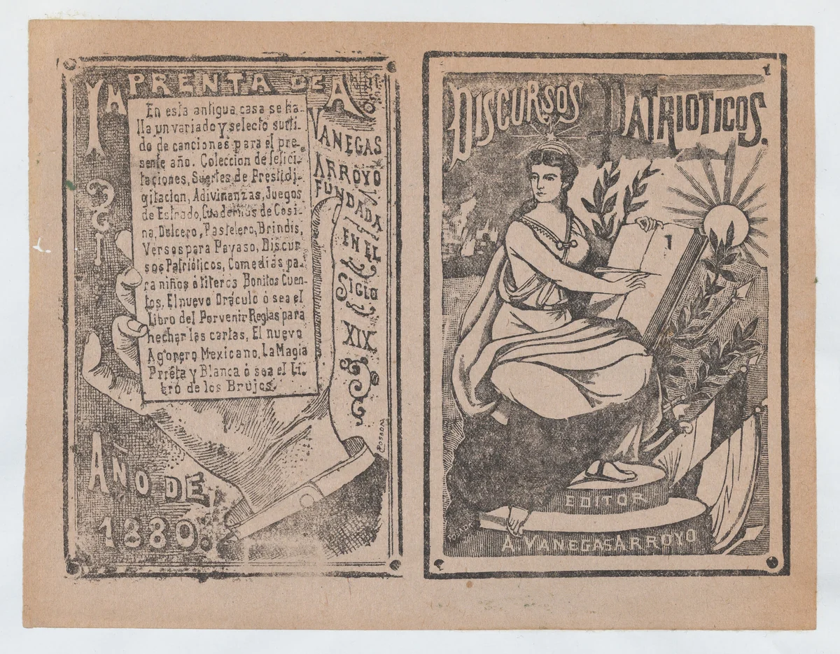Front and back covers printed on the same sheet for patriotic discourses by José Guadalupe Posada, print, 1895-1905