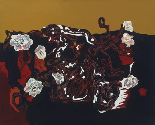 To the Rendezvous of Friends (The Friends Become Flowers, Snakes, and Frogs) (Au rendez-vous des amis [Les amis se transforment en fleurs, en serpents, et en grenouilles]) by Max Ernst, painting, 1928