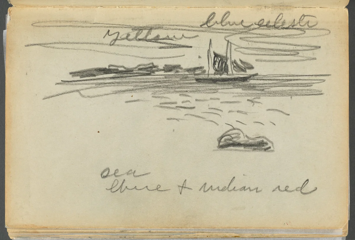 Sketchbook- The Granite Shore Hotel, Rockport, page 182: Sailboat with color notations by Maurice Prendergast, book, 1905-1910