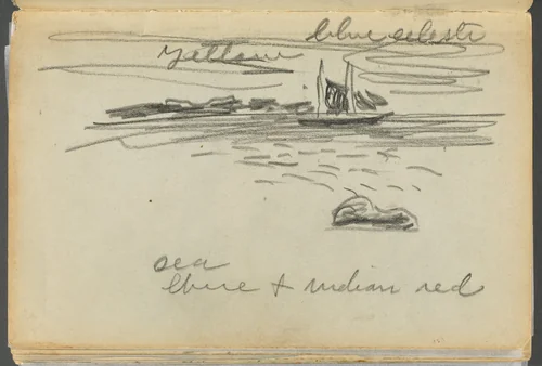 Sketchbook- The Granite Shore Hotel, Rockport, page 182: Sailboat with color notations by Maurice Prendergast, book, 1905-1910