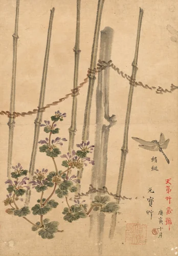 Bamboo Fence and Chrysanthemums by Kono Bairei, drawing, 1890