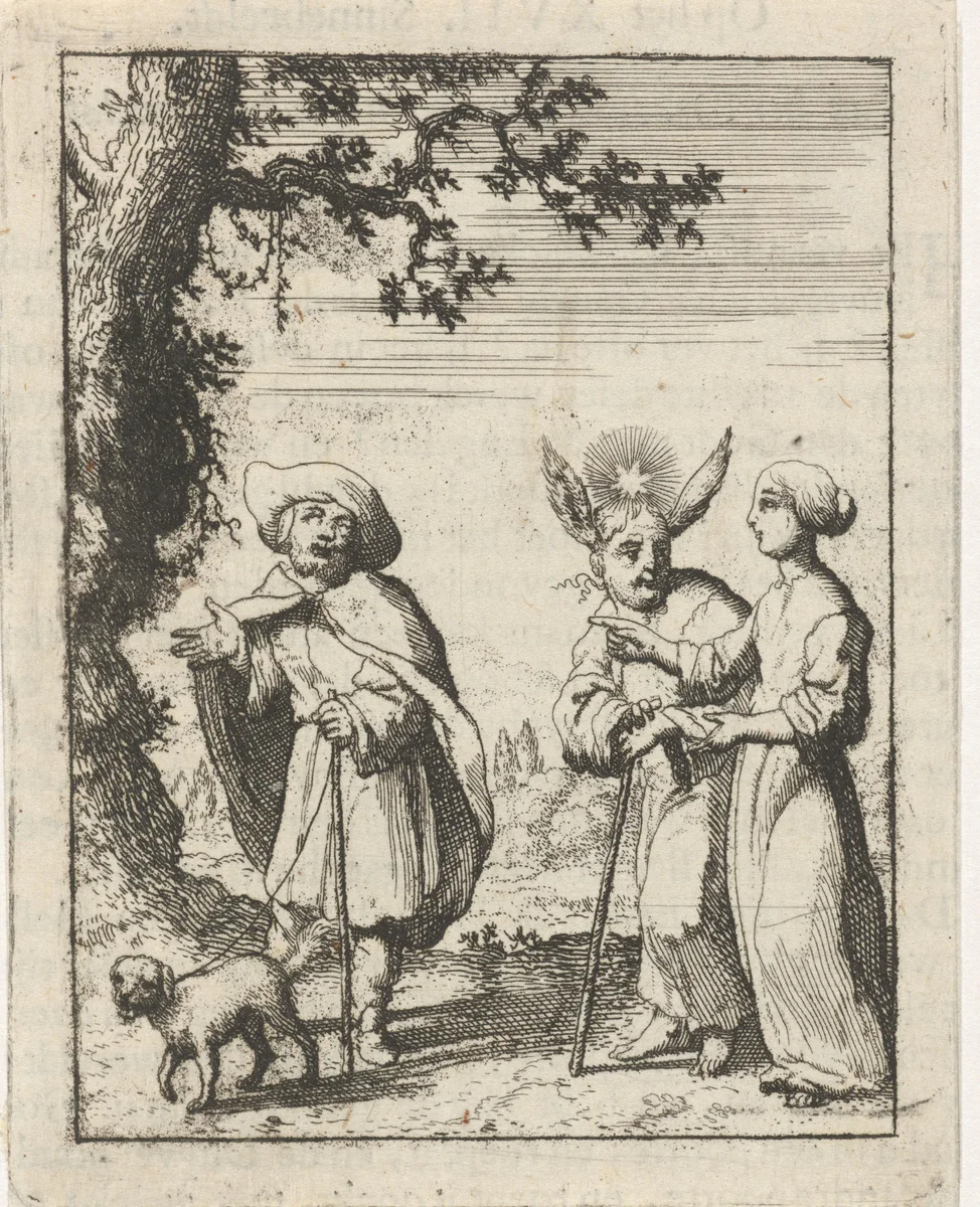 Gepersonifieerde ziel in gesprek met het Vlees en een blinde by Jan Luyken, print, 1678-1687