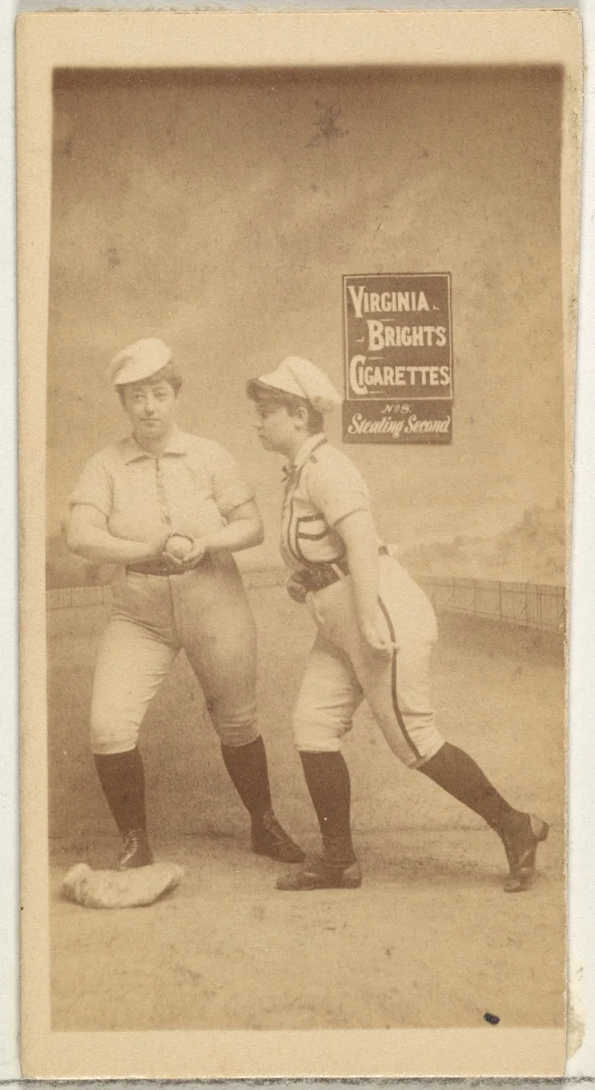 Stealing Second, from the Girl Baseball Players series (N48, Type 2) for Virginia Brights Cigarettes by Allen & Ginter, photograph, 1886-1888