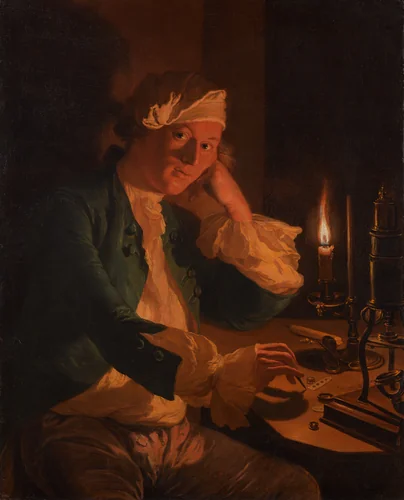 A Scientist Seated at a Desk by Candlelight by Anna Dorothea Therbusch, painting, 1762-1772