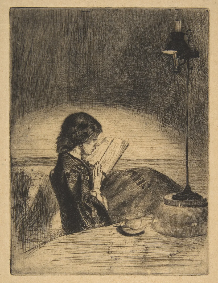 Reading by Lamplight by James McNeill Whistler, print, 1859
