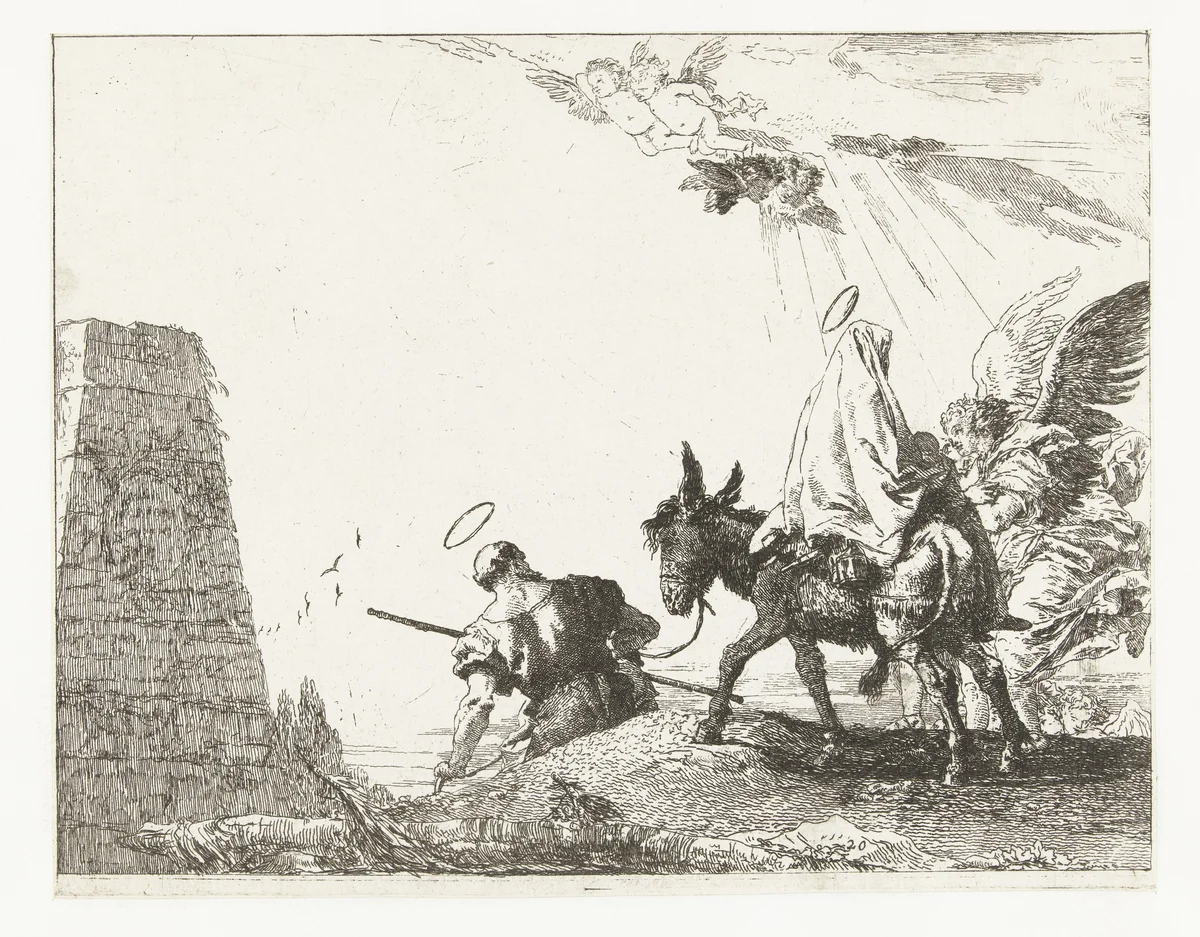 Heilige familie passeert een monument tijdens vlucht naar Egypte by Giovanni Domenico Tiepolo, print, 1750-1753