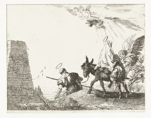 Heilige familie passeert een monument tijdens vlucht naar Egypte by Giovanni Domenico Tiepolo, print, 1750-1753
