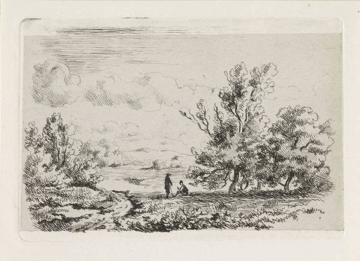 Rivierlandschap met twee figuren onder een boom by Anthonie Jacobus van Wijngaerdt, print, 1823-1887