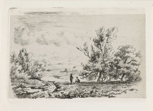 Rivierlandschap met twee figuren onder een boom by Anthonie Jacobus van Wijngaerdt, print, 1823-1887