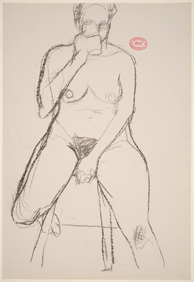 Untitled [female nude seated on a stool drinking] by Richard Diebenkorn, drawing, 1955-1967
