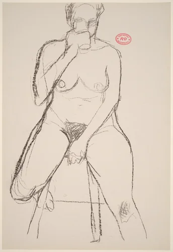 Untitled [female nude seated on a stool drinking] by Richard Diebenkorn, drawing, 1955-1967