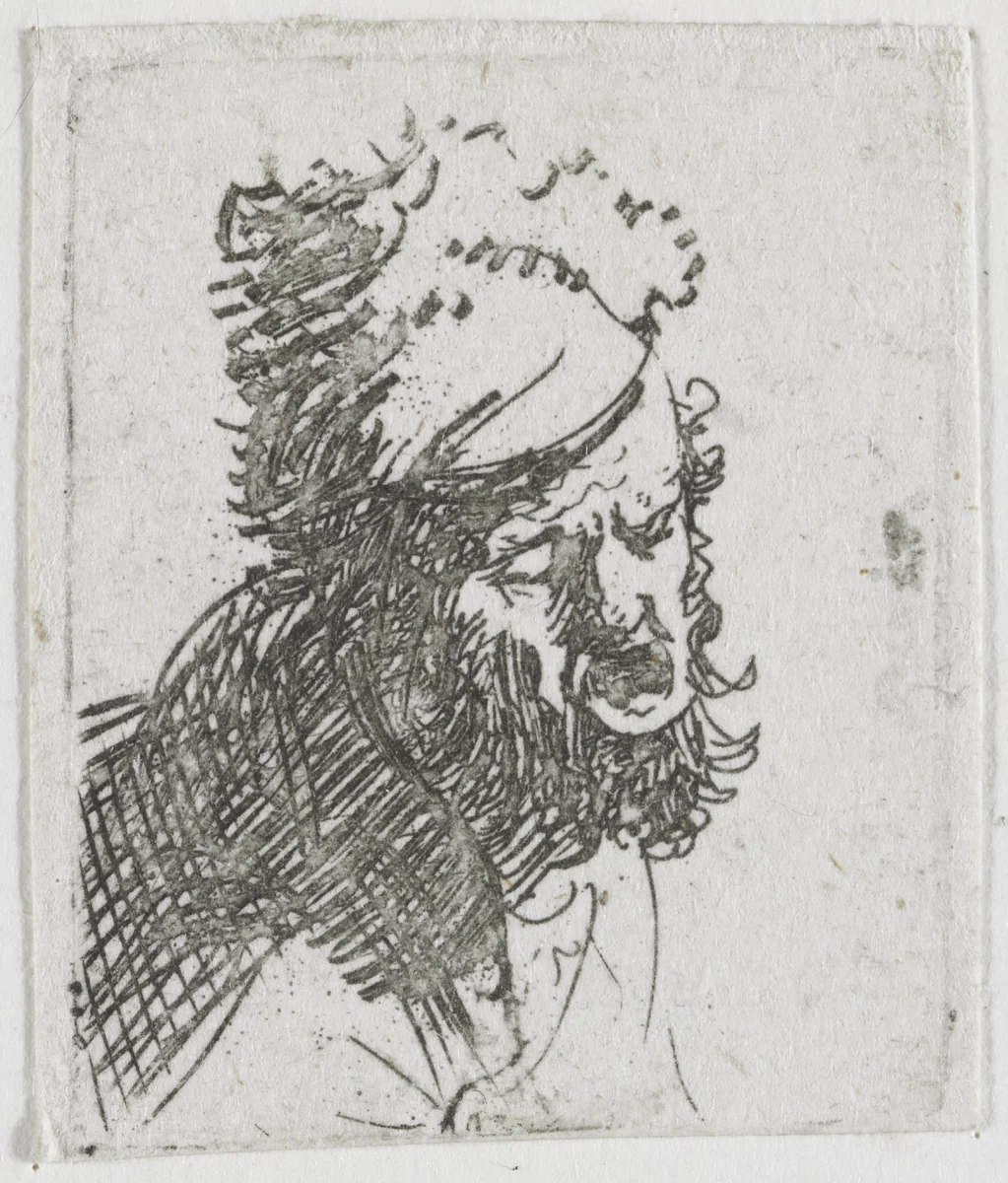 Head of a man in a fur cap, crying out by Rembrandt van Rijn, print, 1629