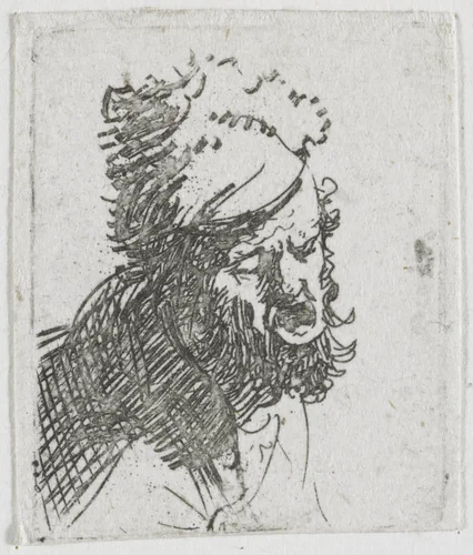 Head of a man in a fur cap, crying out by Rembrandt van Rijn, print, 1629