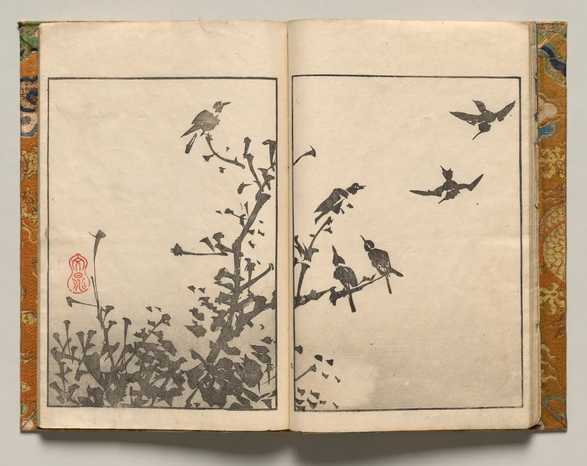 Birds in Branches, Design Nine from Shazanrō Picture Book by Tani Bunchō (谷文晁), book, 1816