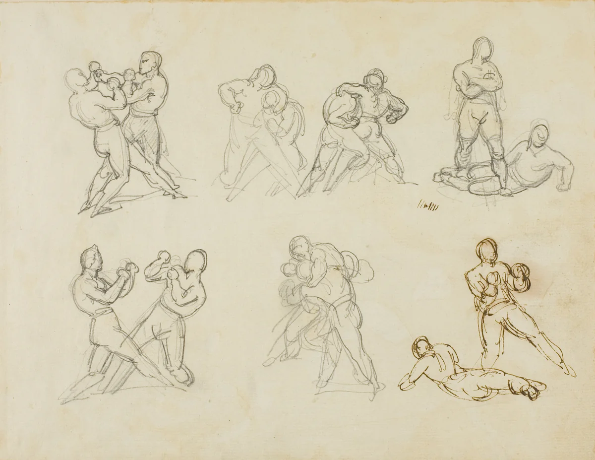 Seven Sketches of Pairs of Boxers by Jean Louis André Théodore Géricault, drawing, 1818-1819