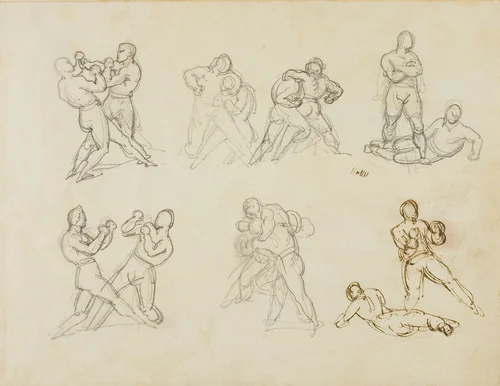 Seven Sketches of Pairs of Boxers by Jean Louis André Théodore Géricault, drawing, 1818-1819