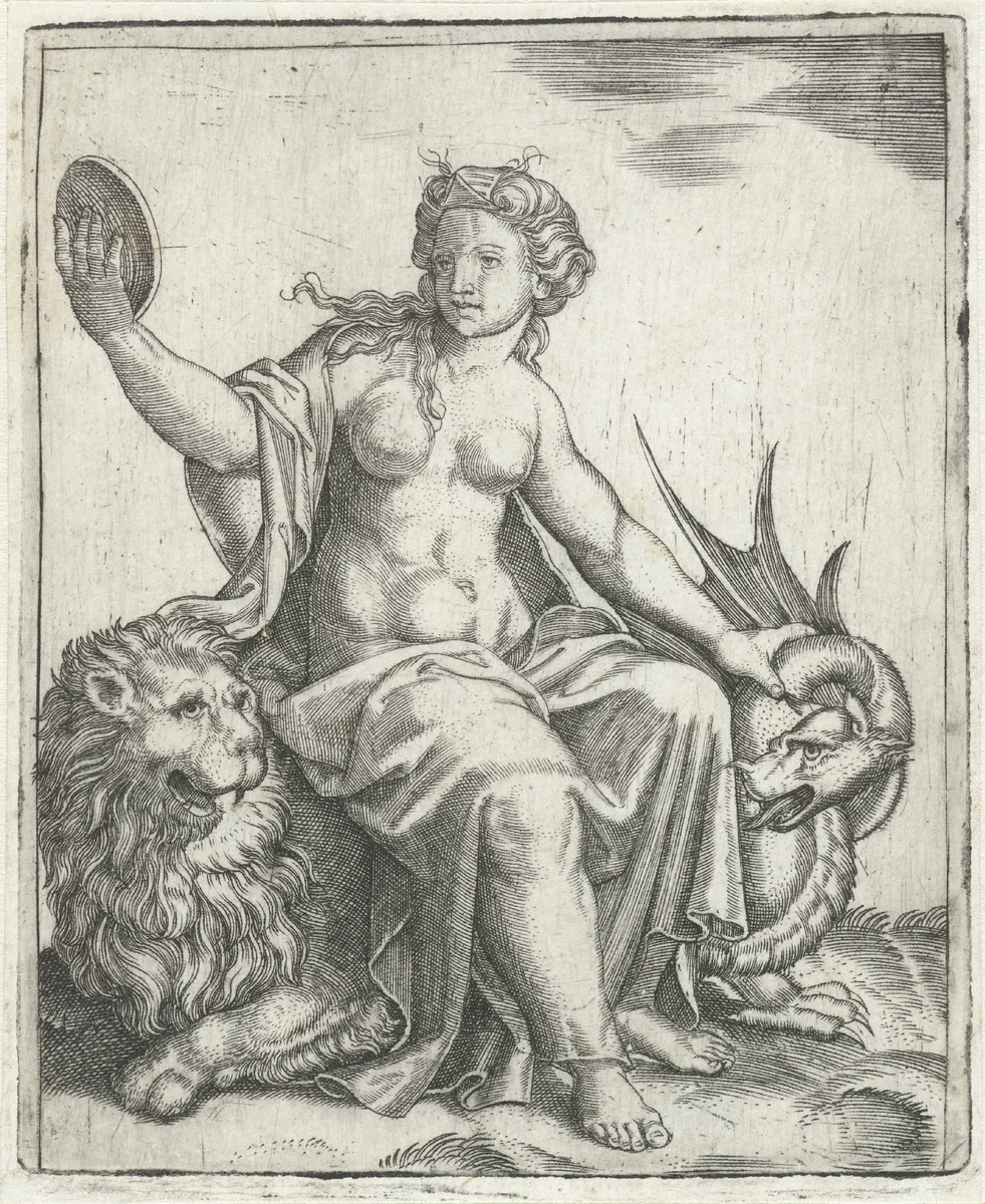 Voorzichtigheid (Prudentia) met spiegel zittend op leeuw houdt een draak in bedwang by anonymous, print, 1510-1575