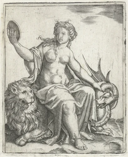 Voorzichtigheid (Prudentia) met spiegel zittend op leeuw houdt een draak in bedwang by anonymous, print, 1510-1575