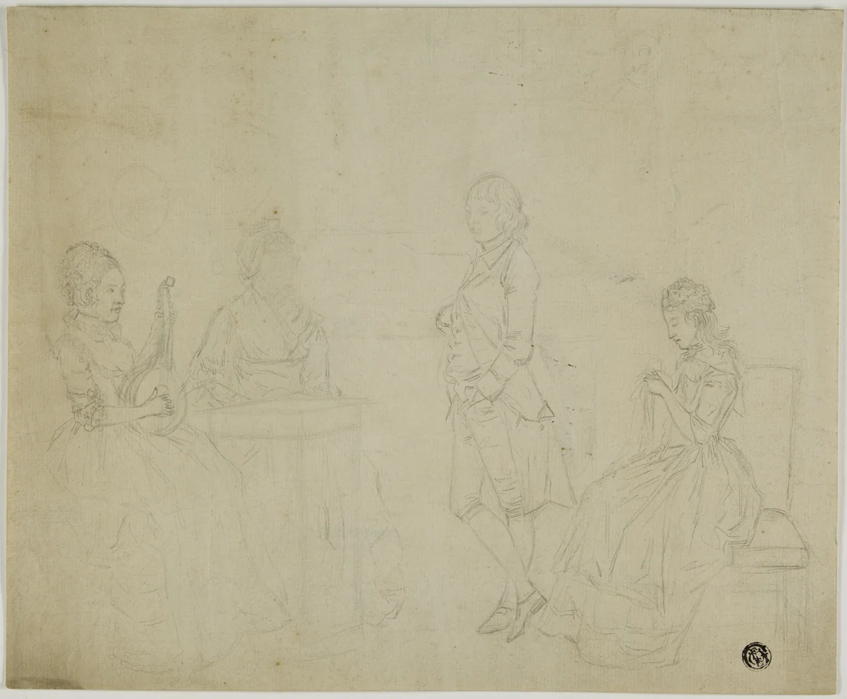 Sketch of Family Group with Three Seated Women and Young Man Standing by Johann Friedrich August Tischbein, drawing, 1700-1799