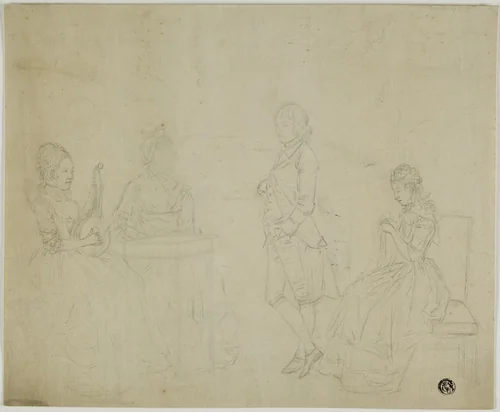 Sketch of Family Group with Three Seated Women and Young Man Standing by Johann Friedrich August Tischbein, drawing, 1700-1799