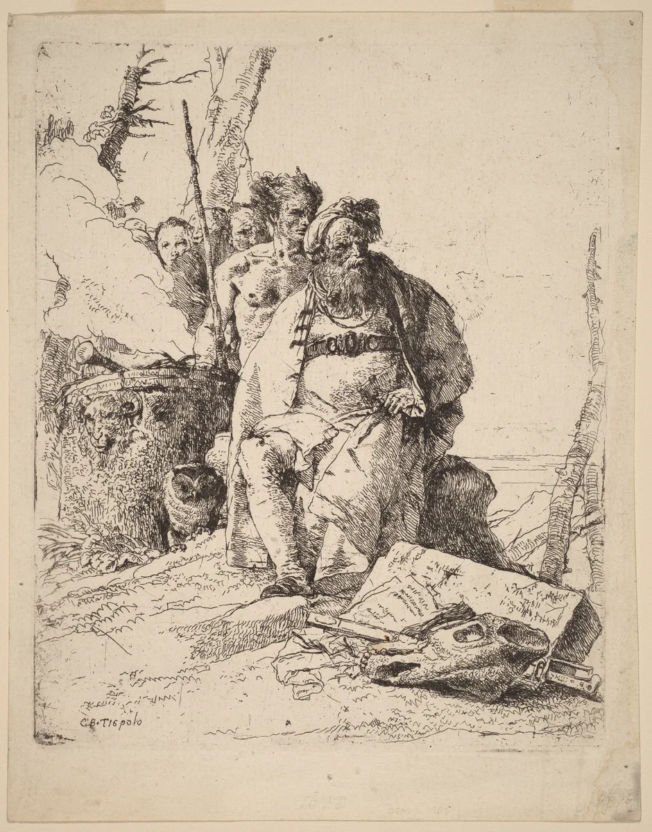 Seated Magician with Other Figures beside an Altar by Giovanni Battista Tiepolo, print, 1696-1770