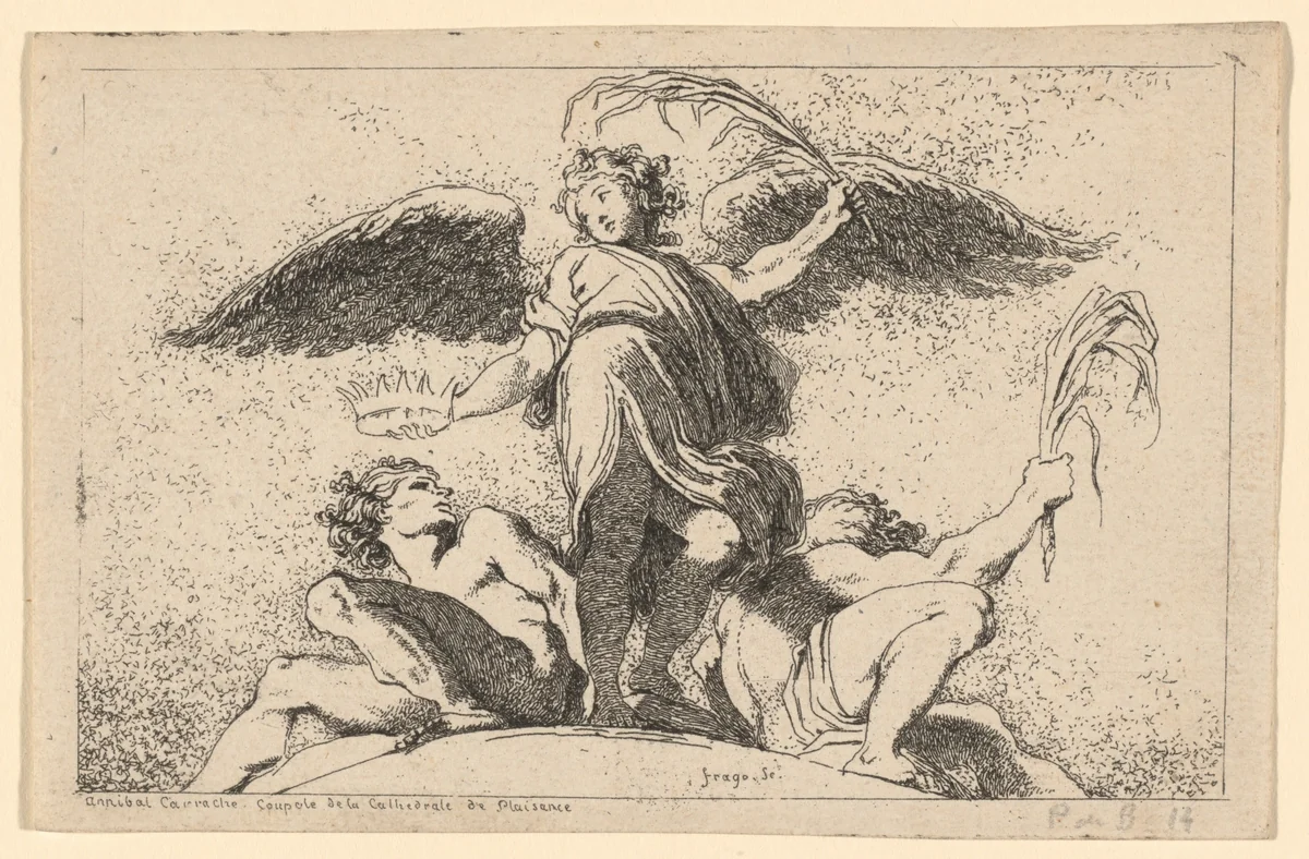 Angel Holding a Palm and a Crown by Jean Honoré Fragonard, print, 1763-1764