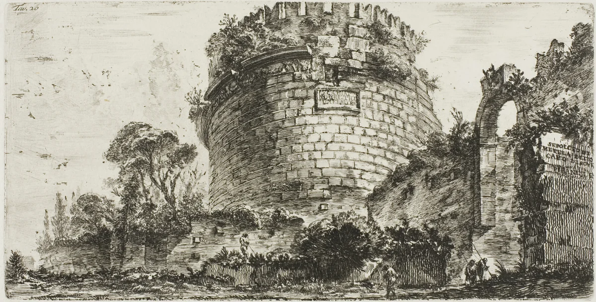 Tomb of Caecilia Metella called Capo di Bove [Ox Head], plate twenty from Some Views of Triumphal Arches and other monuments by Giovanni Battista Piranesi, print, 1748