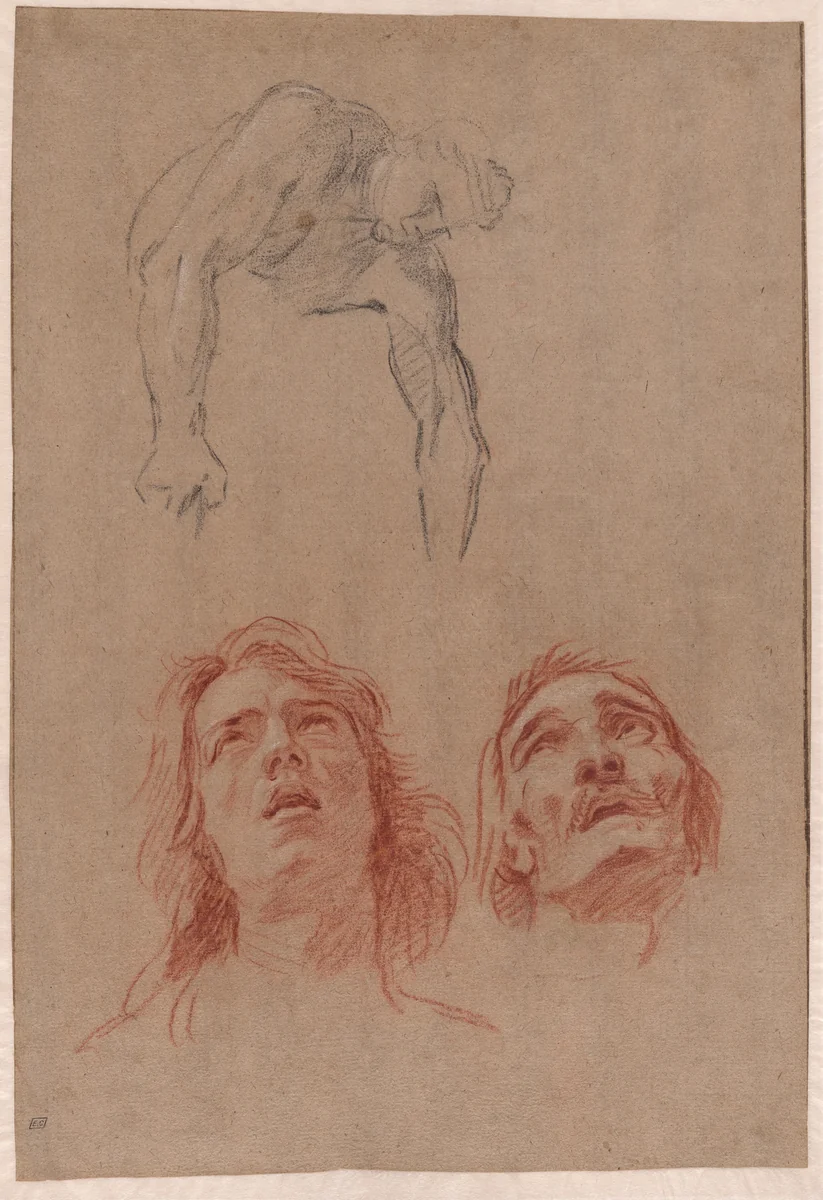 Man Reaching Down and Two Studies of Heads (recto) by Jean Baptiste Jouvenet, drawing, 1698