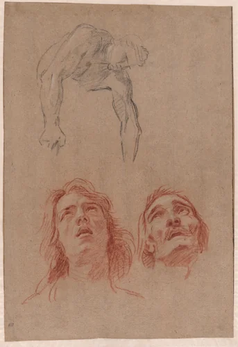 Man Reaching Down and Two Studies of Heads (recto) by Jean Baptiste Jouvenet, drawing, 1698