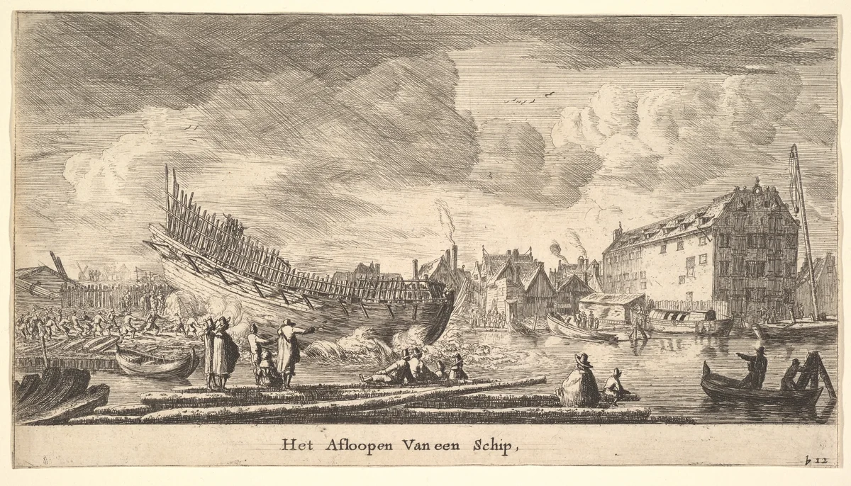 The Launch of a Ship by Reinier Nooms, print, 1635-1670