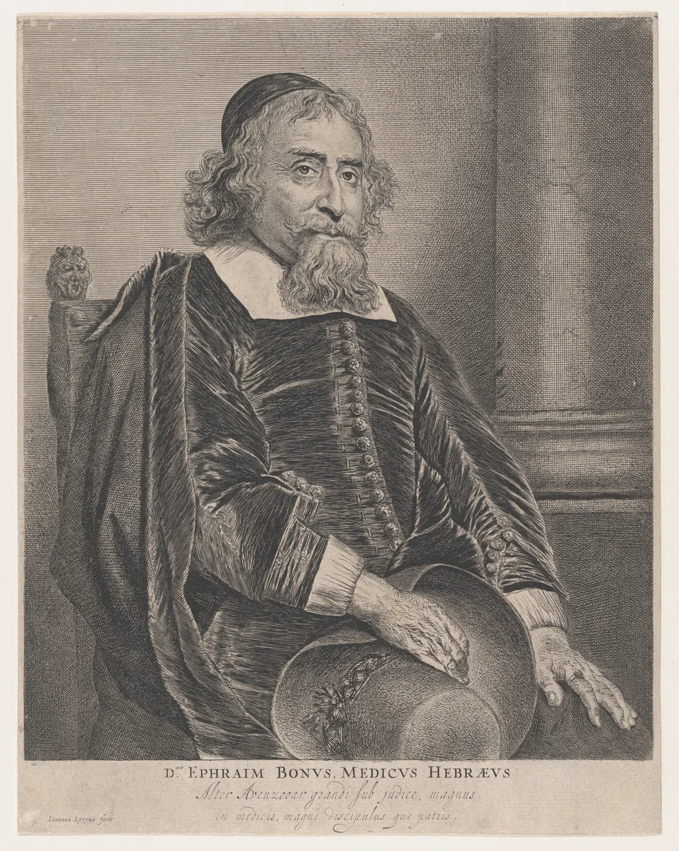 Portrait of Ephraim Bonus, physician by Jan Lievens, print, 1600-1699