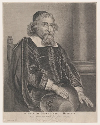 Portrait of Ephraim Bonus, physician by Jan Lievens, print, 1600-1699
