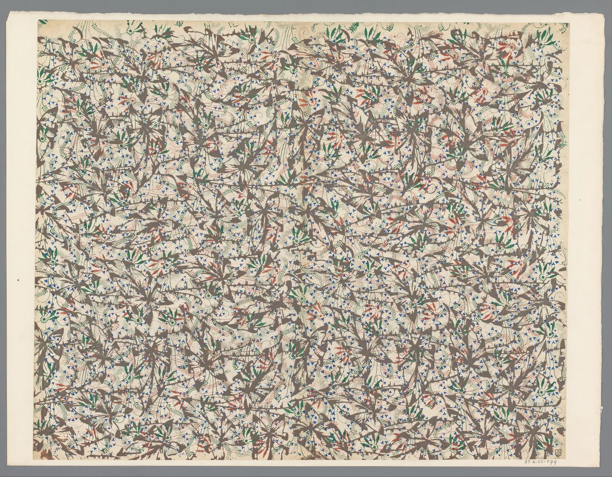 Blad met strooipatroon van bladmotief over ranken by anonymous, print, 1800-1900