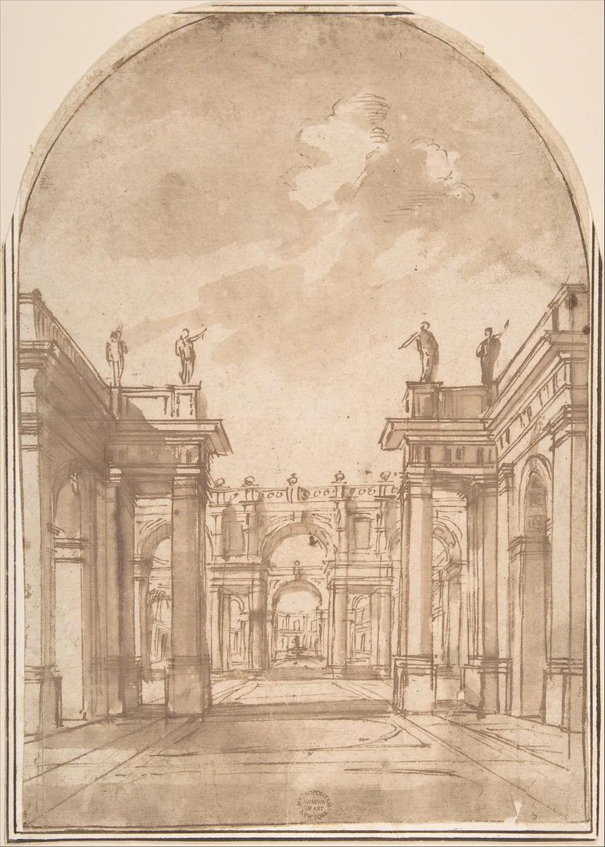 Court Yards (Sketch for Stage Scene ?) by anonymous, drawing, 1500-1600