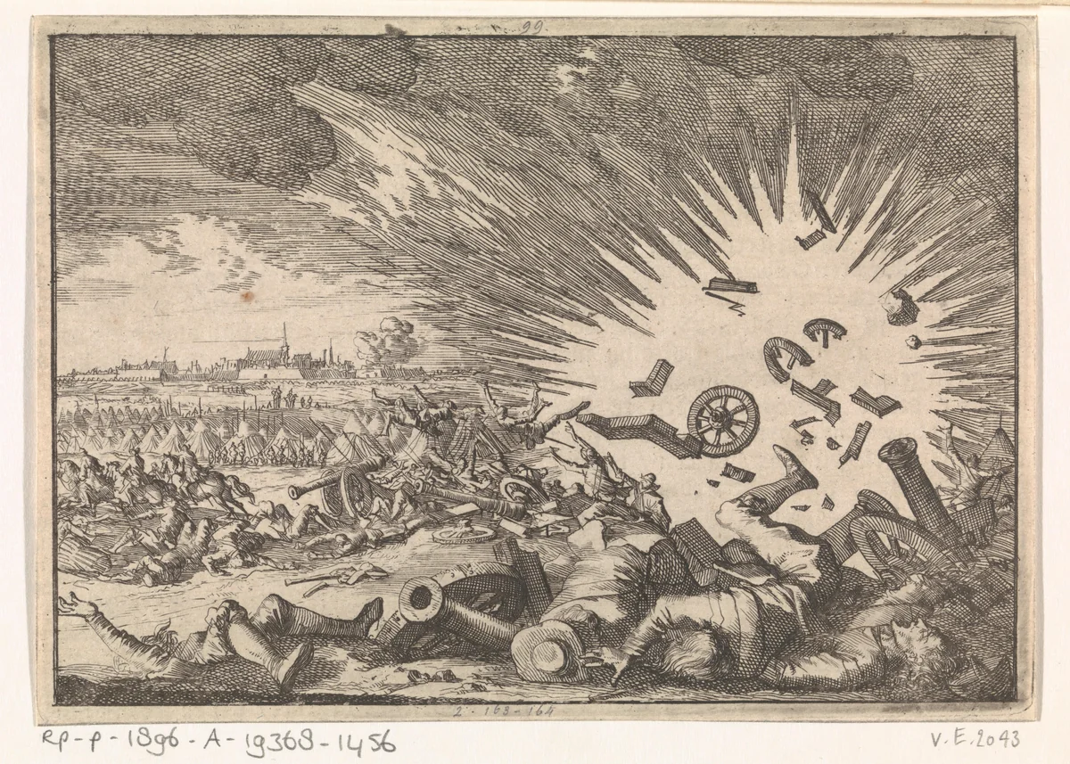 Ontploffing van een Frans kruitmagazijn tijdens het beleg van Namen, 1640 by Caspar Luyken, print, 1698