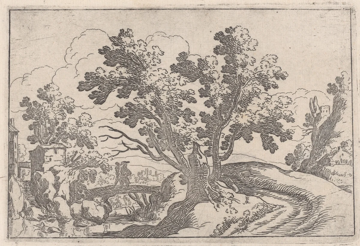 Landscape with a wooden bridge and two figures by Remigio Cantagallina, print, 1620-1650