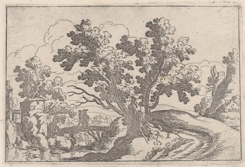 Landscape with a wooden bridge and two figures by Remigio Cantagallina, print, 1620-1650