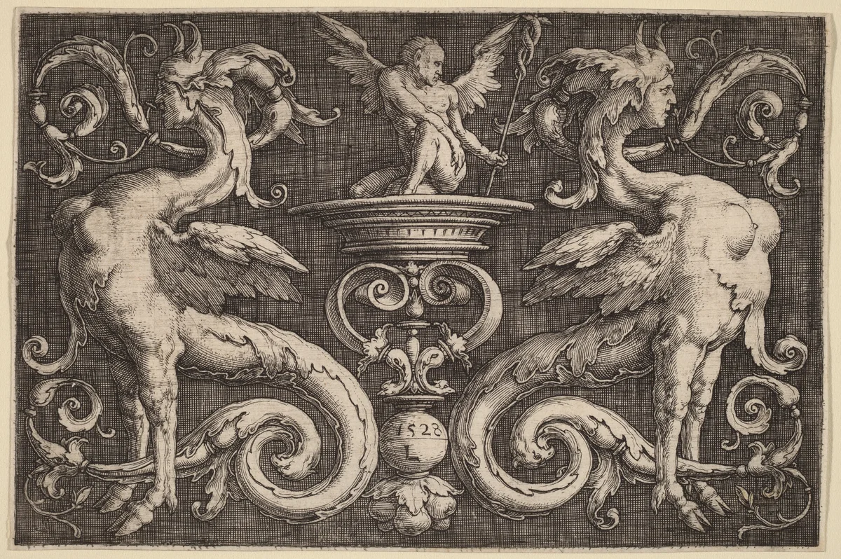 Ornament with Two Sphinxes and a Winged Man by Lucas van Leyden, print, 1528