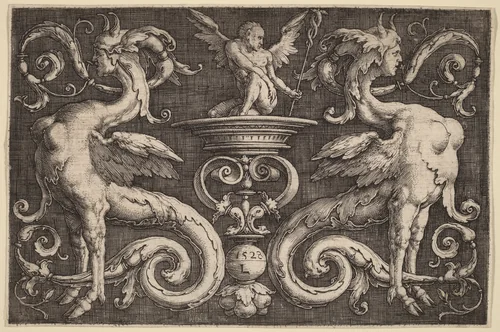 Ornament with Two Sphinxes and a Winged Man by Lucas van Leyden, print, 1528