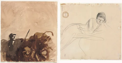 Soldier in a Trench (recto) Reclining Woman (verso) by Jean-Louis Forain, drawing, 1915