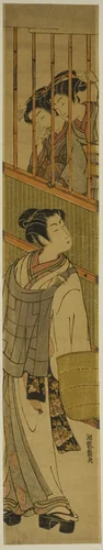 Two Young Women Looking out at Young Man Dressed as Komuso by Isoda Koryusai, print, 1769-1779