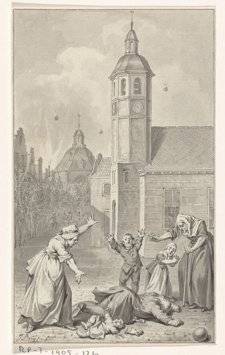 Droevig geval in de Willemstad 1793 by Jacobus Buys, drawing, 1793-1801